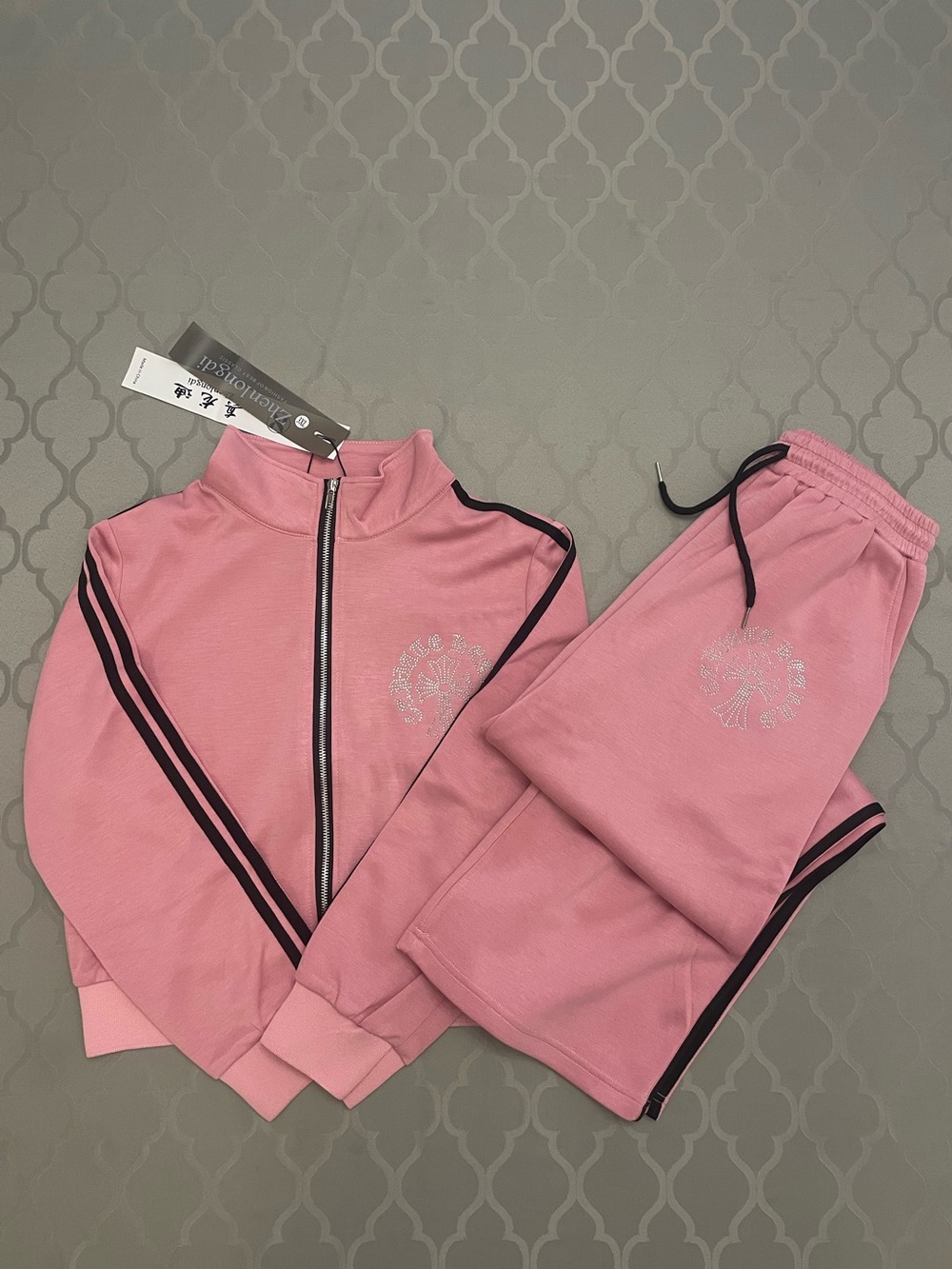 Pink Rhinestone Track Jacket & Wide Leg Sweatpants Set